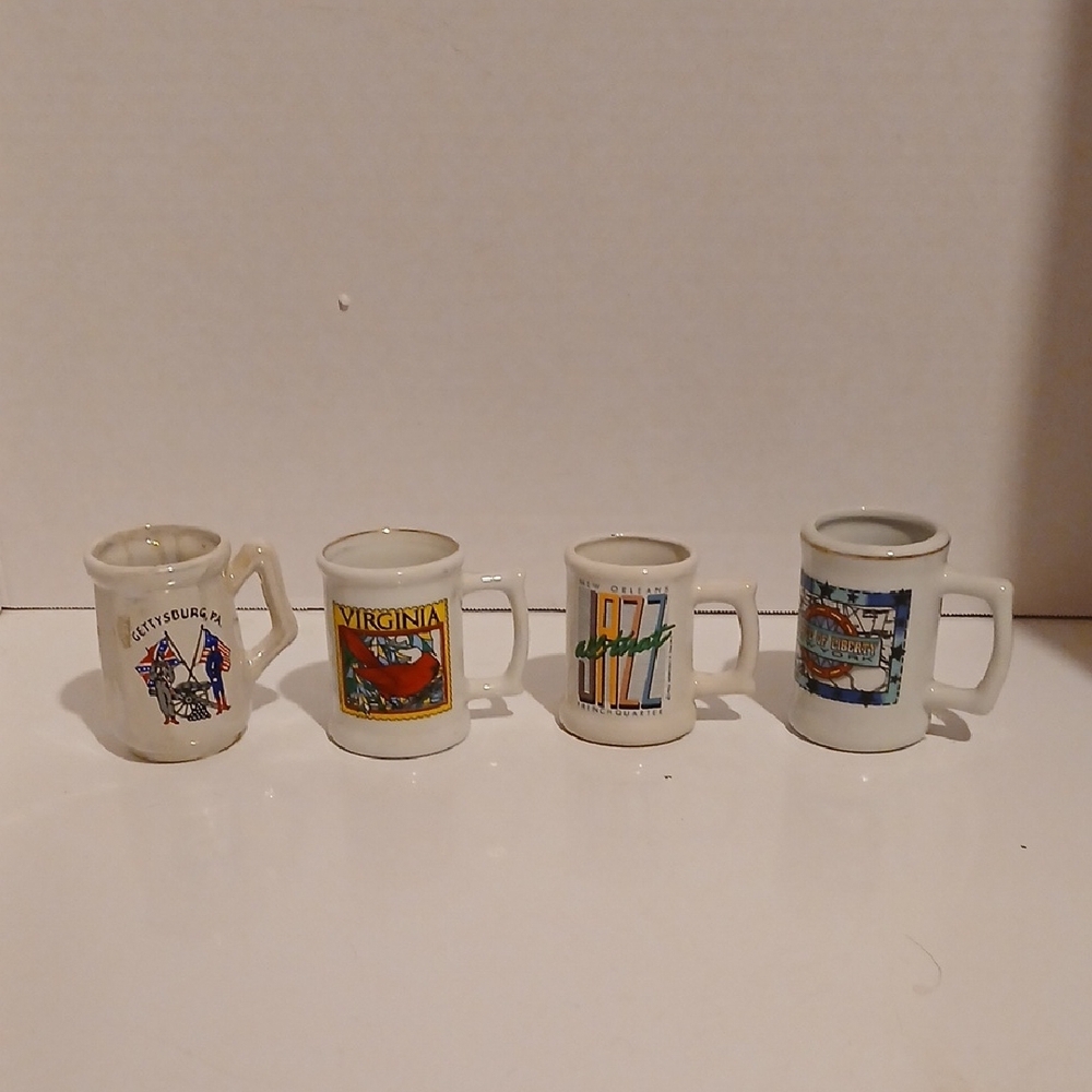 Vintage White Souvenir Mugs Toothpick Holder Shot Glass Set